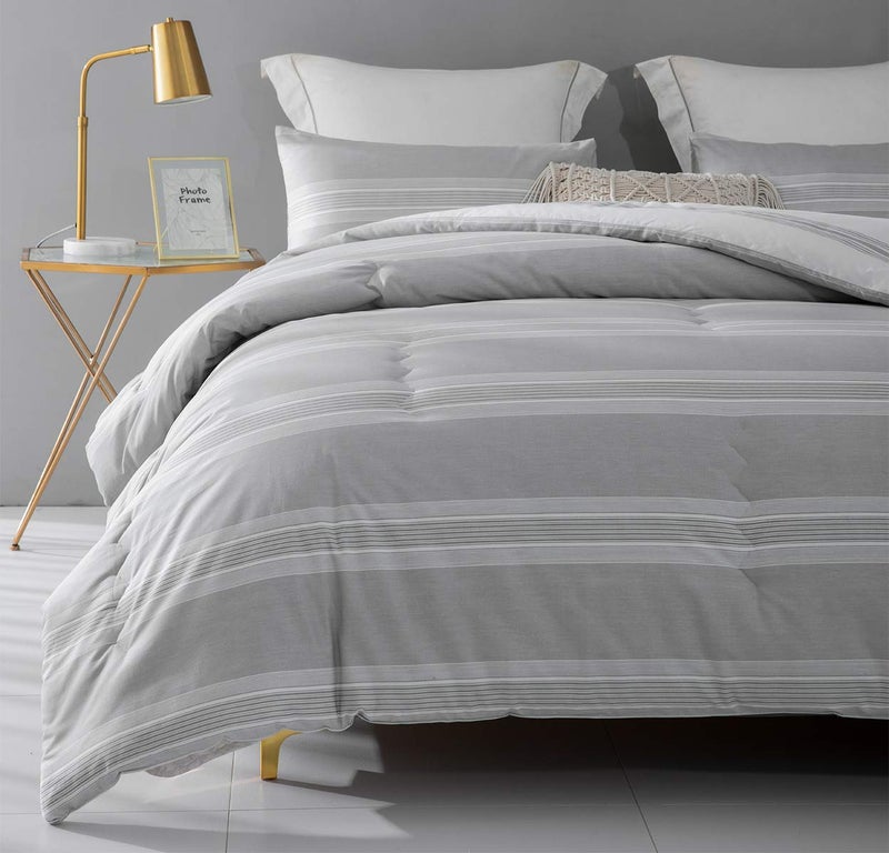 SLEEPBELLA Comforter Queen Size, 600 Thread Count Cotton Light Gray & White Stripes Reversible Pattern Grey Comforter Sets,Down Alternative Bedding Set 3Pcs (Queen, Grey Stripes) - Image 4